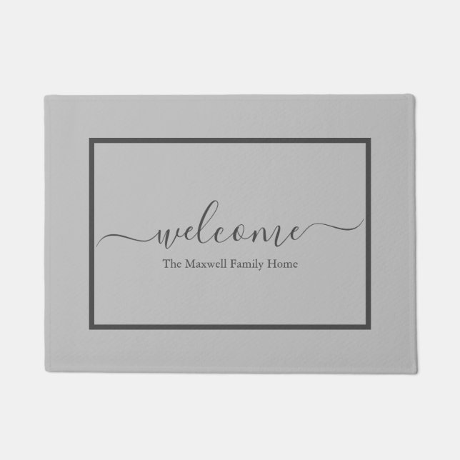 Elegant light gray script family name welcome  doormat (Front)