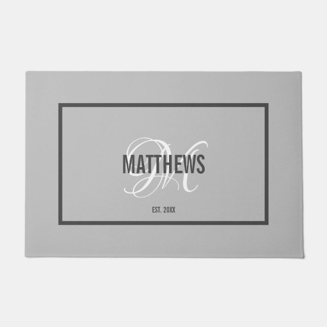 Elegant light gray script monogram name wedding  doormat (Front)
