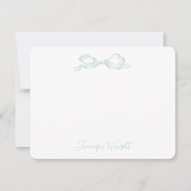 Elegant Light Green Bow Personalized Stationery Note Card (Front)