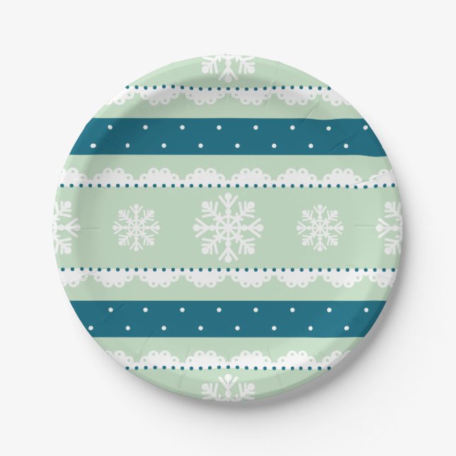 Elegant Light Green Christmas Snowflake Design Paper Plates (Front)