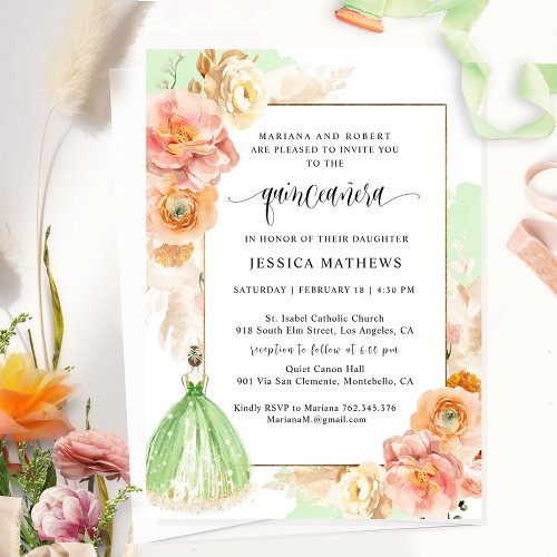 Elegant Light Green Floral Princess Quinceaera Invitation