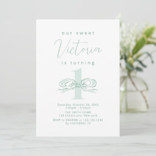 Elegant Light Green Hand Drawn Bow 1st birthday Invitation