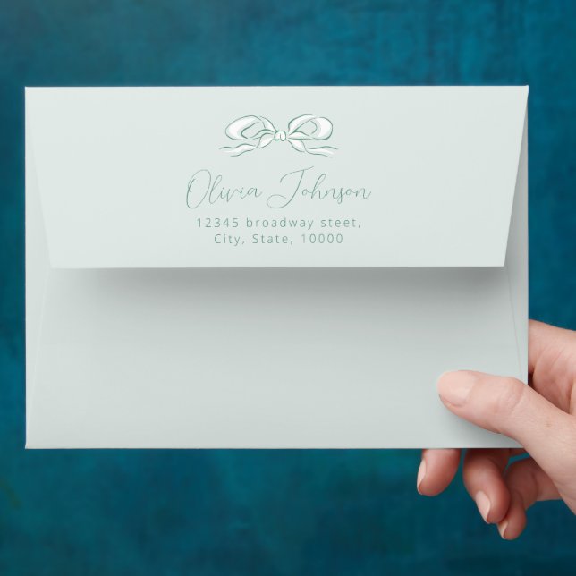 Elegant Light Green Hand Drawn Bow Return Address Envelope (Hand)