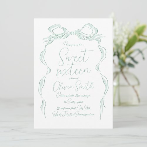 Elegant Light Green Hand Drawn Bow Sweet Sixteen Invitation