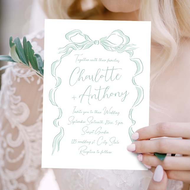 Elegant Light Green Hand Drawn Bow Wedding Invitation (Elegant Light Green Hand Drawn Bow Wedding Invitation)