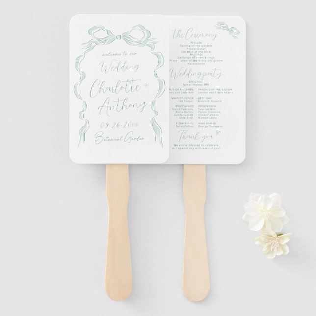 Elegant Light Green Hand Drawn Bow Wedding Program Hand Fan (Front and Back)