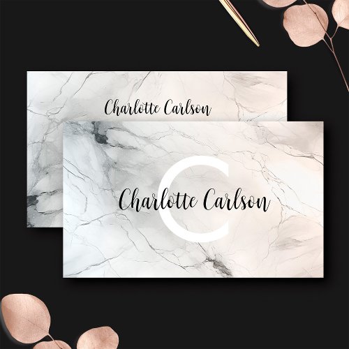 Elegant Light Marble Monogram Script Business Card