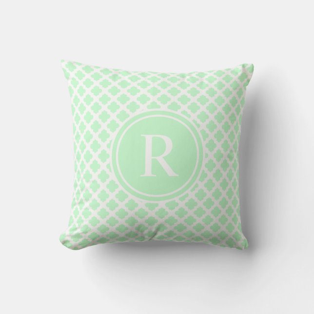 Elegant Light Mint Green Quatrefoil Monogram Throw Pillow (Front)