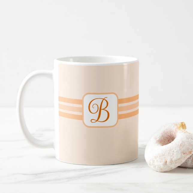 Elegant Light Orange Striped Fancy Initial Coffee Mug (With Donut)