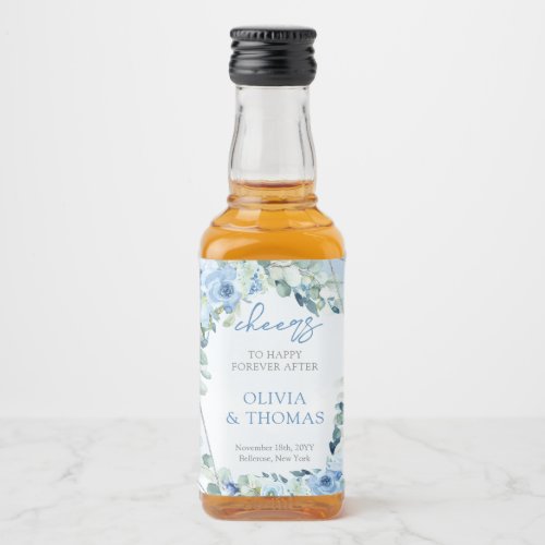 Elegant light pastel blue flowers and eucalyptus liquor bottle label