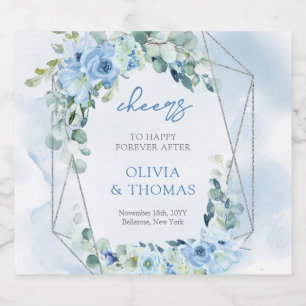 Elegant light pastel blue flowers and eucalyptus liquor bottle label