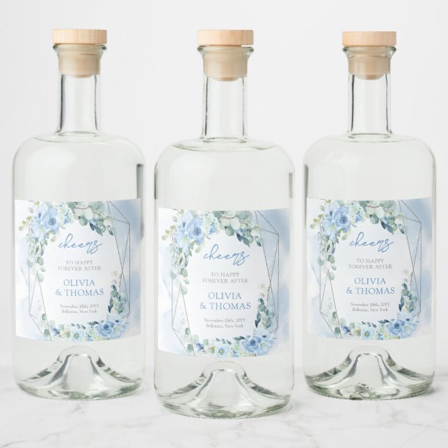 Elegant light pastel blue flowers and eucalyptus liquor bottle label (Bottles)