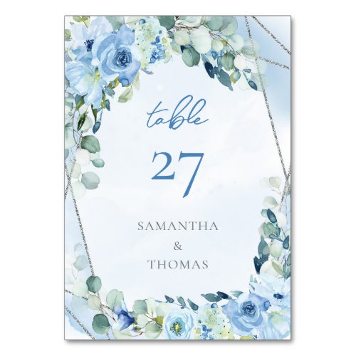 Elegant light pastel blue flowers sage eucalyptus table number