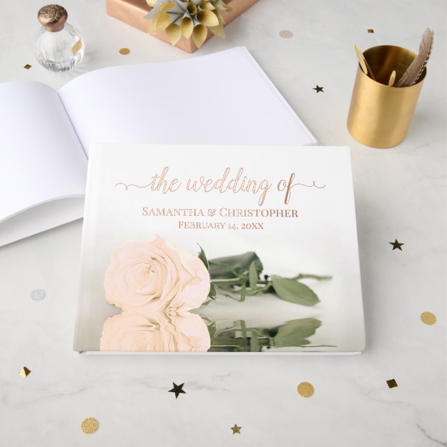 Elegant Light Peach Rose Medium Wedding Foil Guest Book (Front Open)