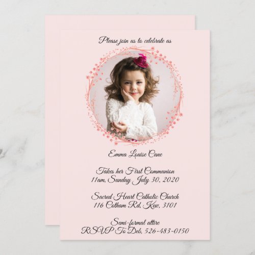 Elegant Light Pink 1st Holly Communion Invitation