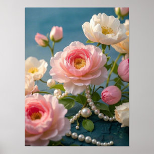 Elegant light pink blush flowers with pearls  poster