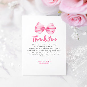 Elegant Light Pink Bow Birthday Thank You Card