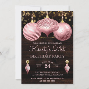Elegant Light Pink Christmas Baubles 21st Birthday Invitation