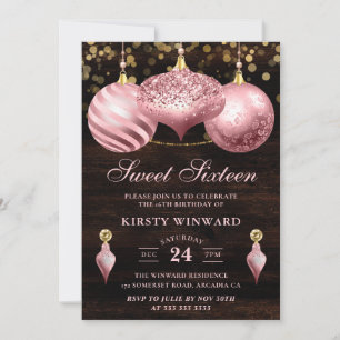 Elegant Light Pink Christmas Baubles Sweet 16 Invitation