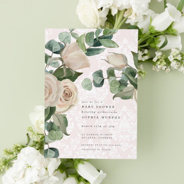 Elegant Light Pink Cottage Rose Baby Shower Invitation (Creator Uploaded)