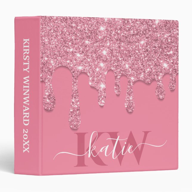 Elegant Light Pink Dripping Glitter Monogram 3 Ring Binder (Front/Spine)