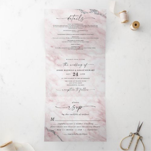 Elegant Light Pink Marble with Silver Foil Wedding Tri_Fold Invitation