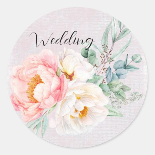 Elegant light Pink Peony Eucalyptus Wedding Classic Round Sticker