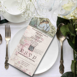 Elegant Light Pink Peony Floral QR Code Photo All In One Invitation