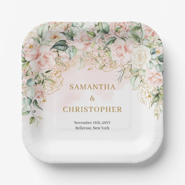 Elegant light pink roses green and gold wedding paper plates (Front)