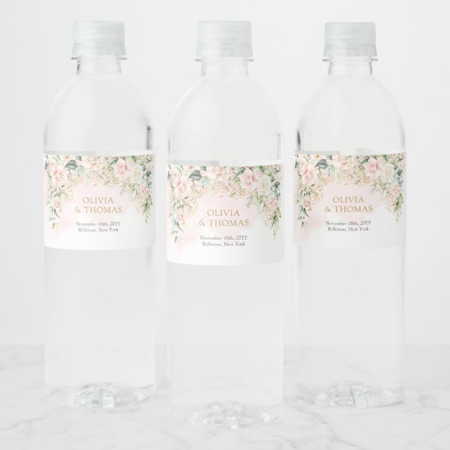 Elegant light pink roses green gold wedding water bottle label (Bottles)