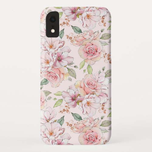 Elegant light pink roses pattern iPhone XR case