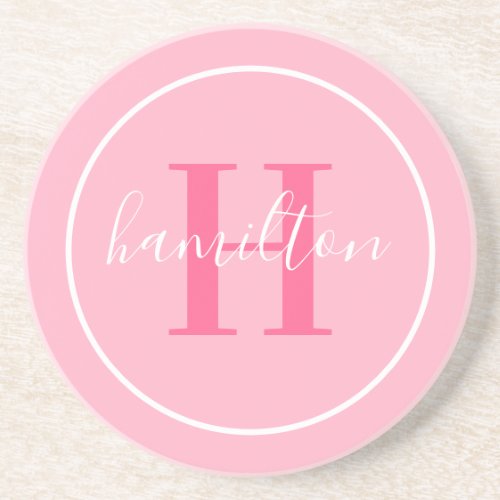 Elegant Light Pink Round Custom Monogram Initial Coaster