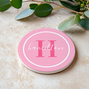 Elegant Light Pink Round Monogram Script Coaster