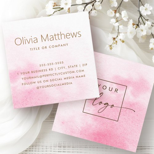 Elegant light pink watercolor custom logo square business card
