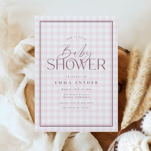Elegant Light Pink White Gingham Girl Baby Shower Invitation