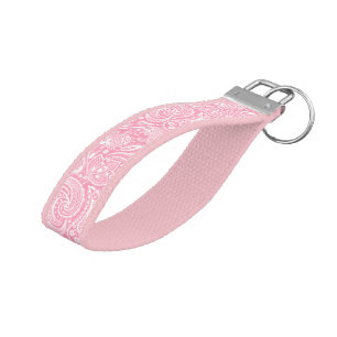 Elegant Light Pink & White Vintage Paisley Pattern Wrist Keychain