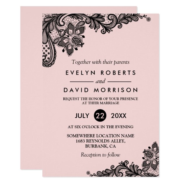 Elegant Light Pink With Black Lace Formal Wedding Invitation