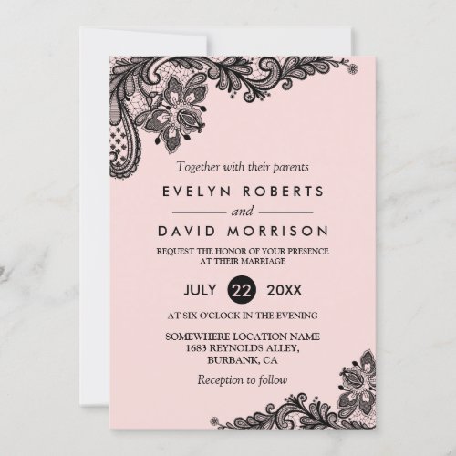Elegant Light Pink with Black Lace Formal Wedding Card