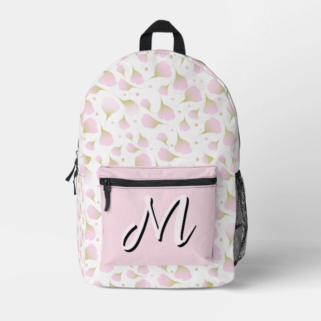 Elegant Light Powder Pink Monogram Pattern Printed Backpack (Front)
