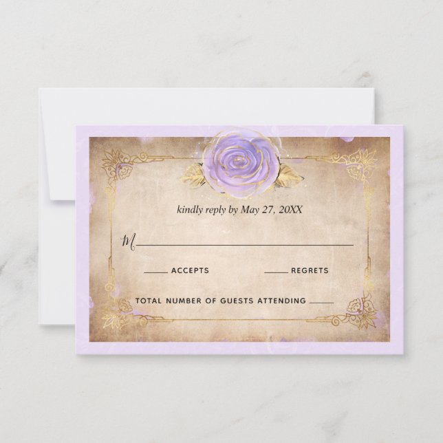 Elegant Light Purple and Gold Rose Parchment RSVP Card (Front)