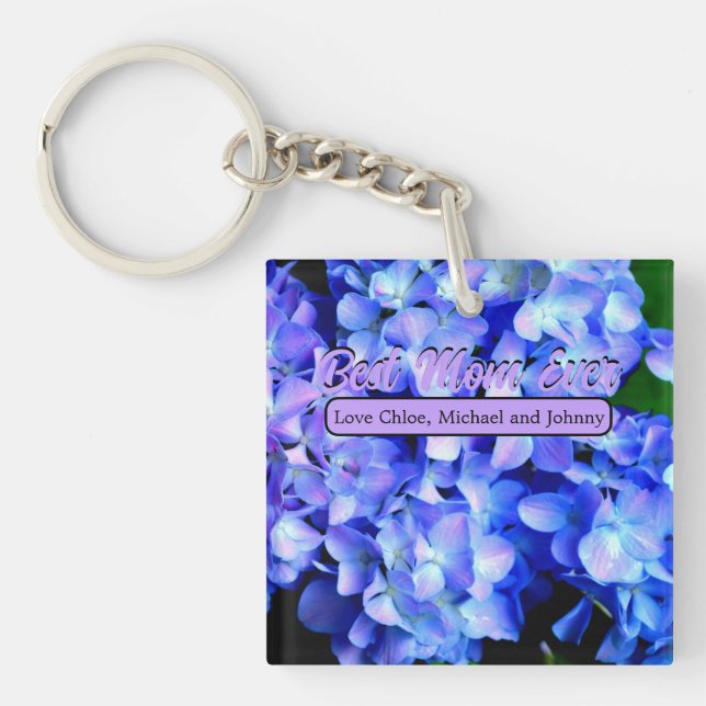 Elegant light purple blue magenta floral hydrangea keychain (Front)
