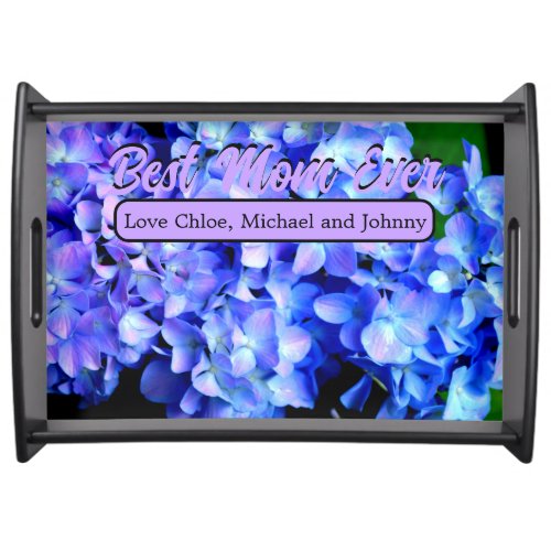 Elegant light purple blue magenta floral hydrangea serving tray