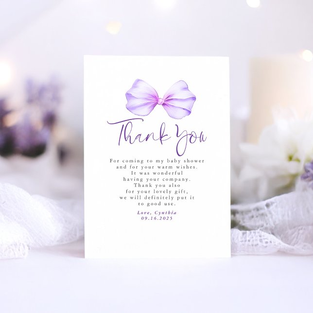 Elegant Light Purple Bow Baby Shower Thank You (Small Thank You Card with Purple Bow)