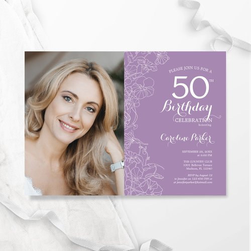 Elegant Light Purple Floral Photo 50th Birthday Invitation