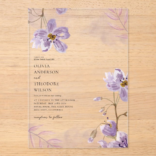 Elegant Light Purple Floral Wedding Acrylic Invitations (Front)