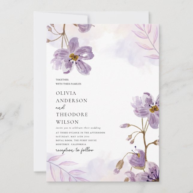 Elegant Light Purple Floral Wedding Invitation (Front)