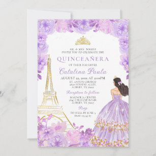 Elegant Light Purple Gold Tiara Paris Quinceañera Invitation