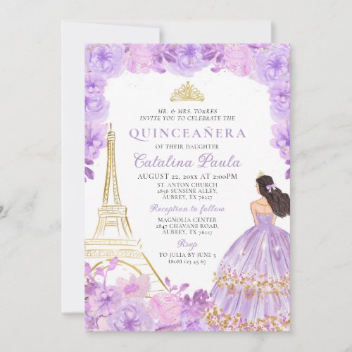 Elegant Light Purple Gold Tiara Paris Quinceaera Invitation