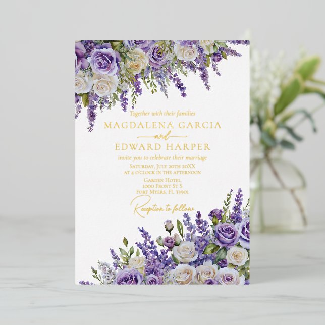 Elegant Light Purple Lavender Roses Floral Wedding Foil Invitation (Standing Front)