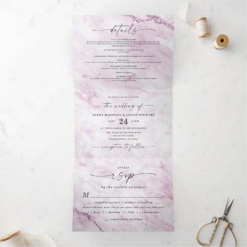 Elegant Light Purple Marble with Foil Wedding Tri_Fold Invitation